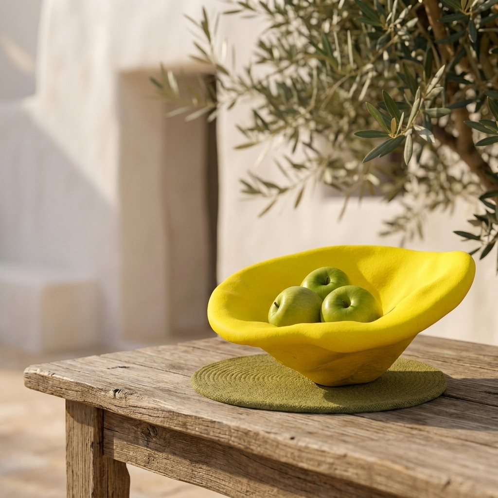 Design made in Puglia: orecchietta centrotavola di design su tavolo in legno con architettura pugliese sullo sfondo