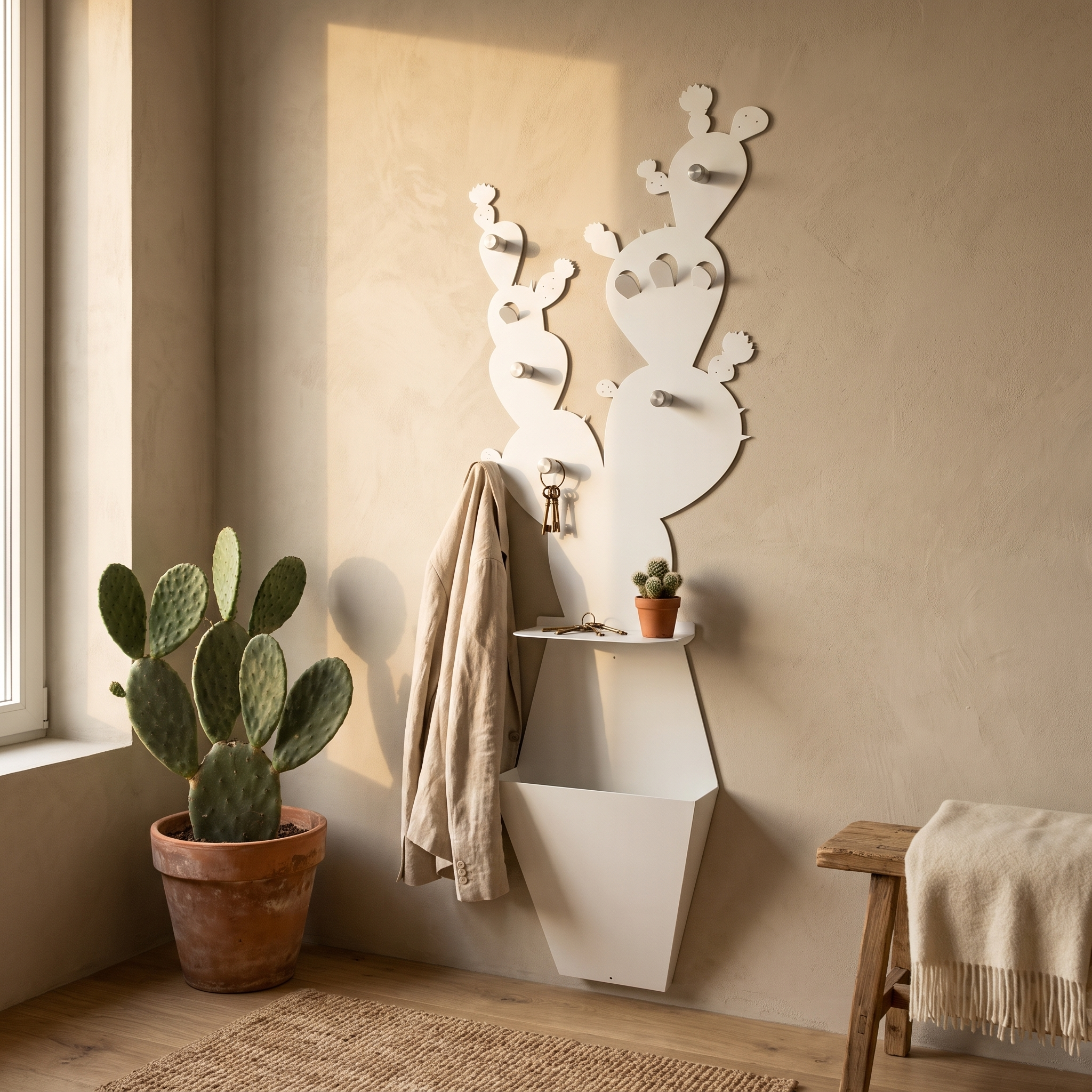 Appendiabiti da parete Cactus bianco in un ingresso: giacca appesa ai ganci, chiavi sulla mensola svuota-tasche e vaso portaoggetti