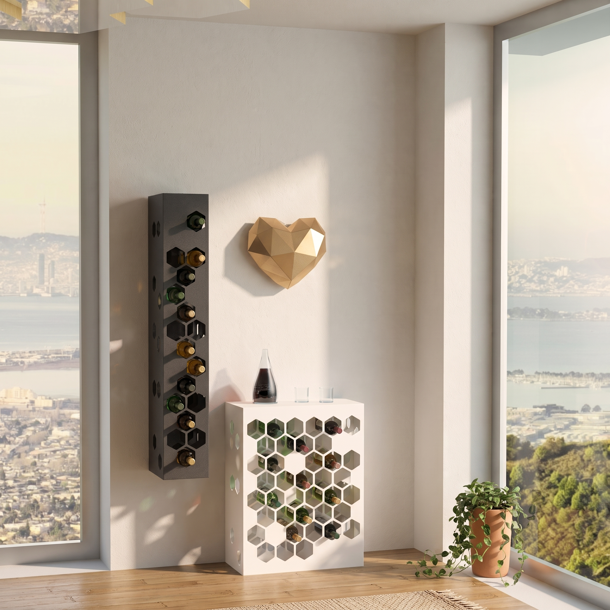 Cantina Hive: portabottiglie modulari in ferro con celle esagonali, versione a colonna antracite a parete e mobile bianco, con bottiglie di vino