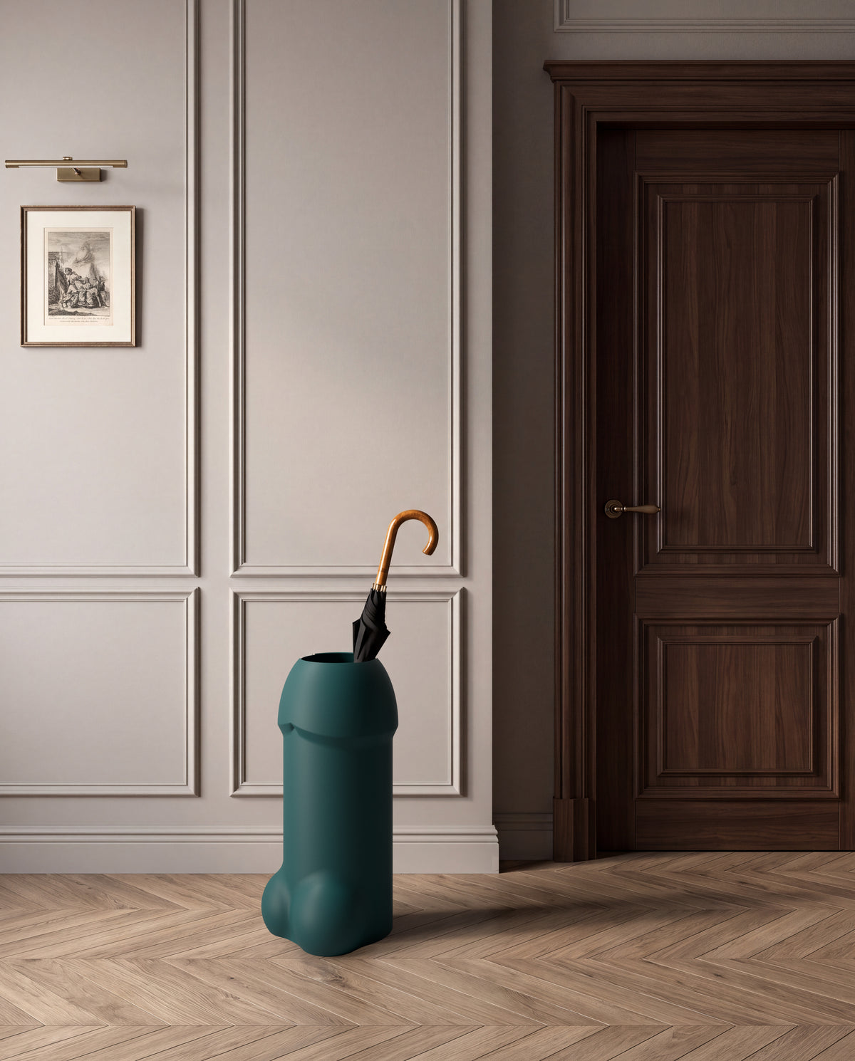 Portaombrelli Priapo Scamarcia Design ambientato all'ingresso – colore Verde Petrolio