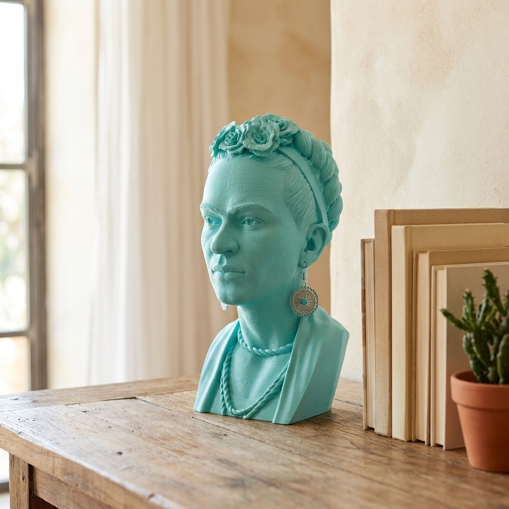 Busto di design di Frida Kahlo in bio-PLA su scrivania in legno — Scamarcia Design