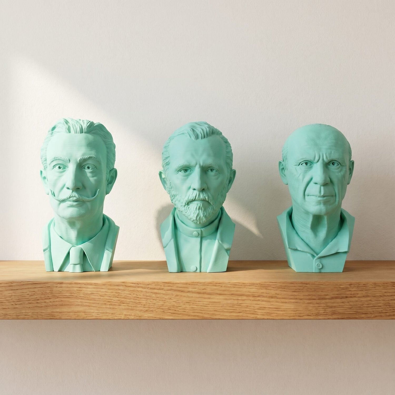 Collezione Maestri di Scamarcia Design: busti di Dalí, Van Gogh e Picasso stampati in 3D in PLA verde menta su mensola in rovere