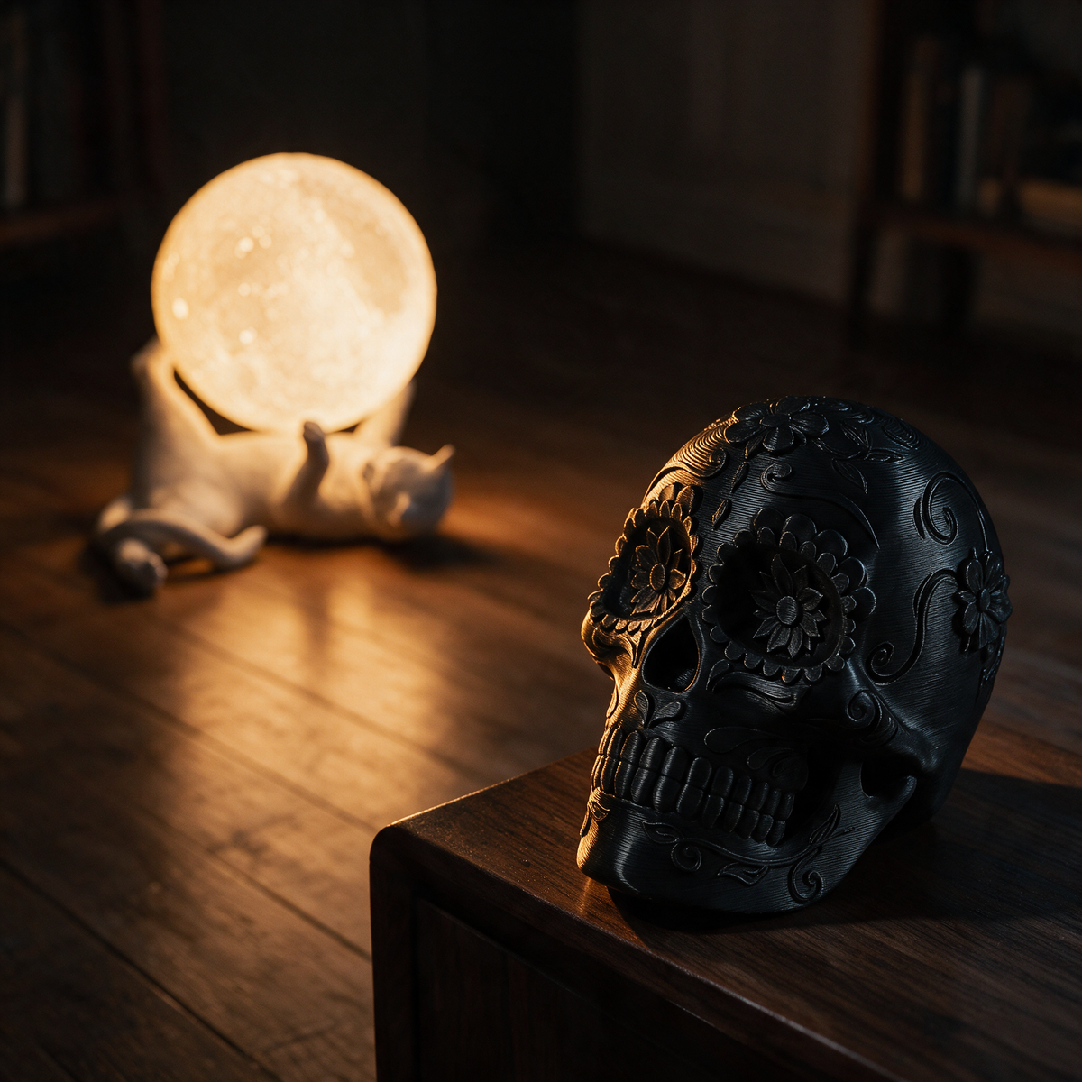 Decorazioni di Halloween di design: teschio Sugar Skull nero in bio-PLA e lampada Lunadilana accesa in un salotto al buio