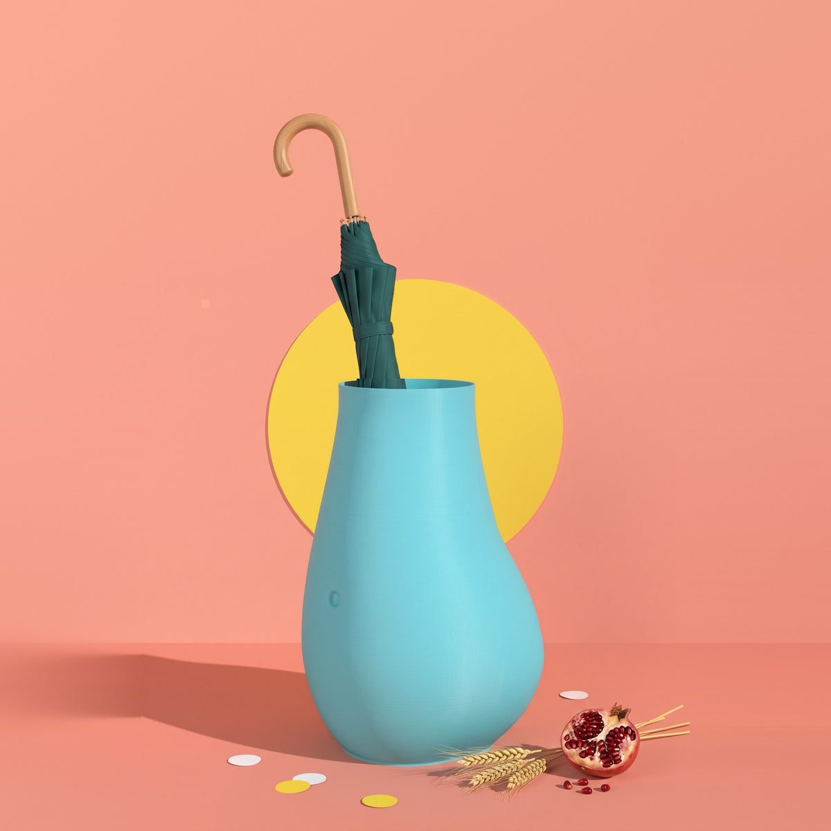 Portaombrelli Iambe turchese con un ombrello verde petrolio dentro, stampato in 3D – Scamarcia Design
