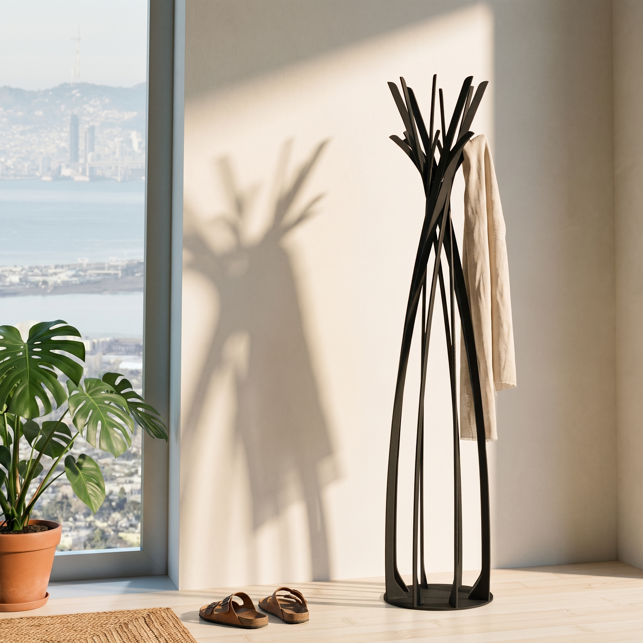 Porta abiti NEST nero in ferro lavorato a mano, in un ingresso con sciarpa appesa, pianta e luce naturale