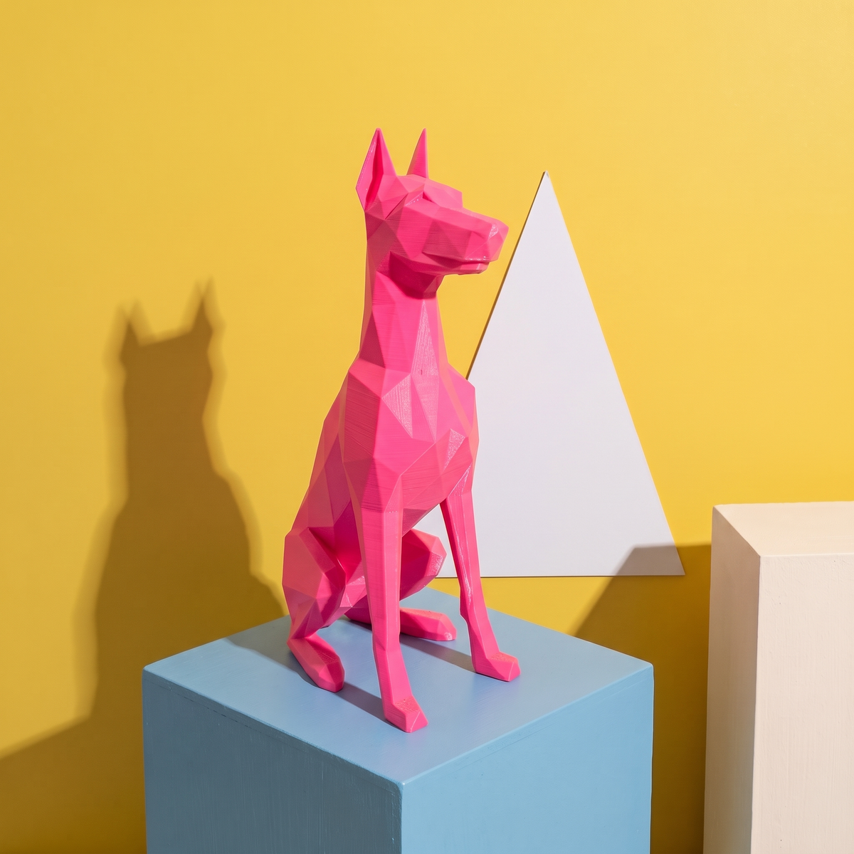 Cane da Guardia Dobermann rosa fluo, scultura low-poly in bio-PLA stampata in 3D e rifinita a mano, su set color block giallo